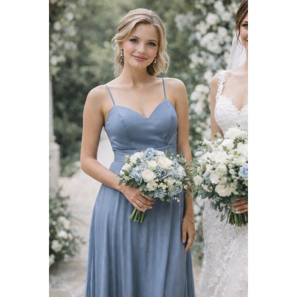Azazie Dusty‎ Blue Bridesmaid Strappy Maxi Dress A4 Satin Formal Wedding Guest
